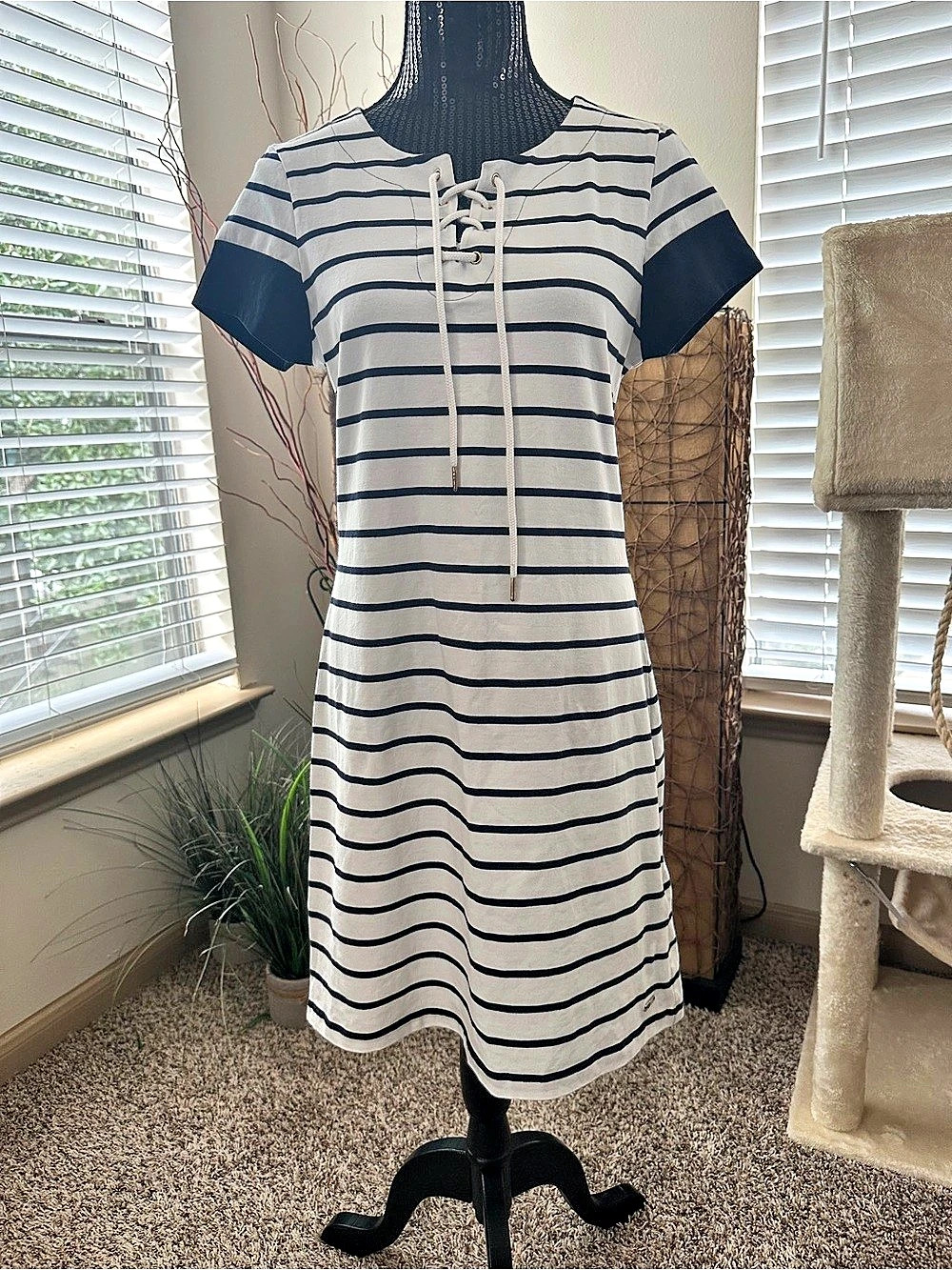 Tommy Hilfiger Striped Lace-Up Mini Dress in White & Blue